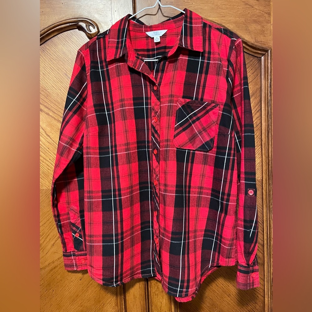 Time And True Flannel Plaid Shirt Black Red & White Size M
